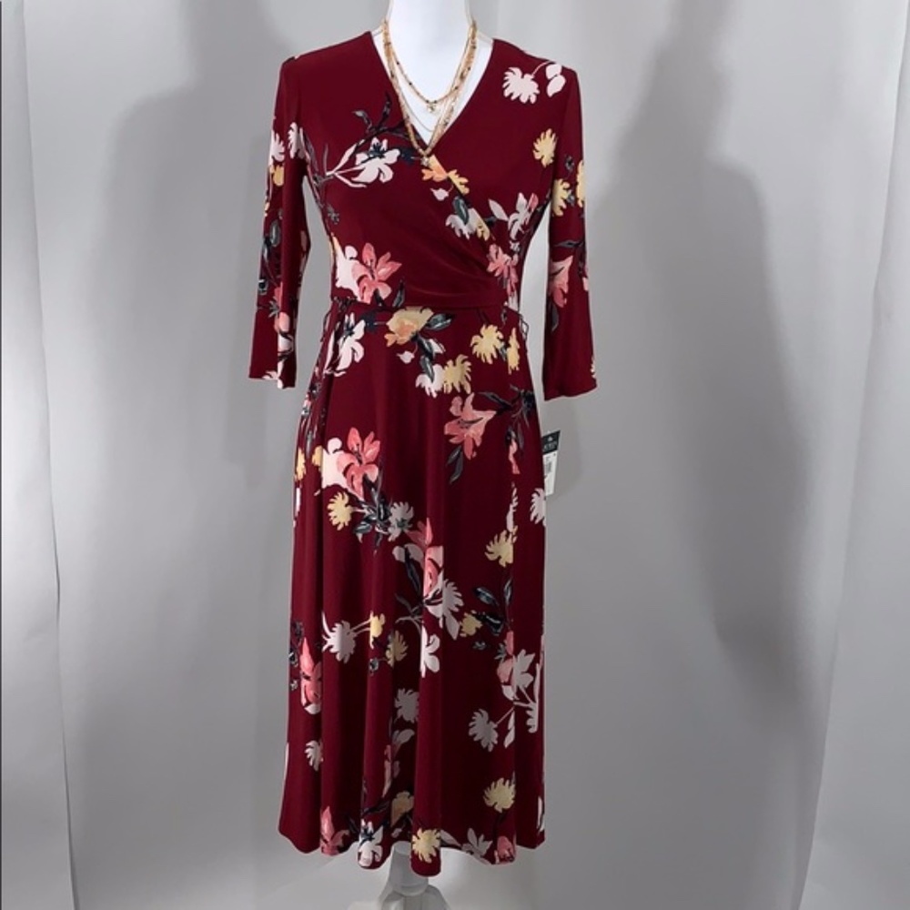 Vibrant Garnet & Pink Floral Tie-Waist Midi Dress